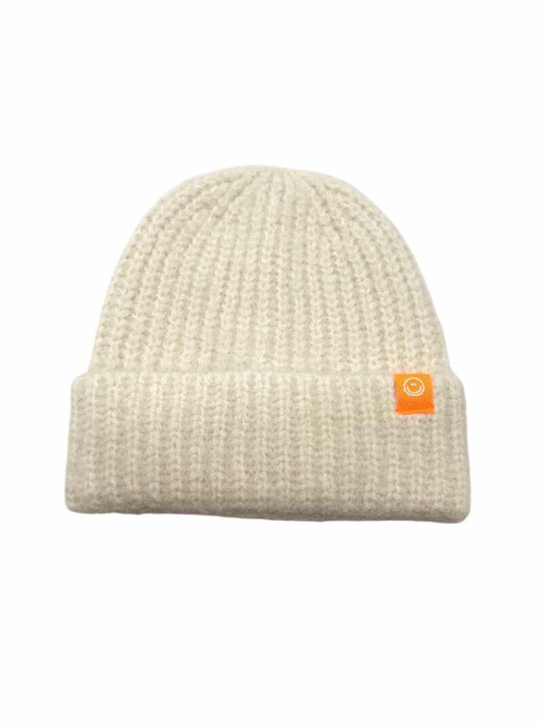 [BNH215-LOULA-BEIGE] Bonnet doux et chaud uni - Etiquette Smiley - Loula - Beige