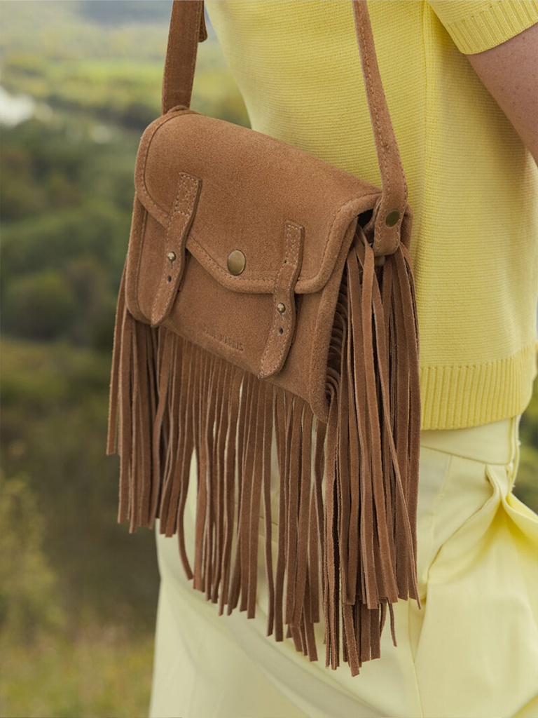 [Miniindisp-folk-hanave] MINI SAC BANDOULIÈRE À FRANGES CUIR MARRON POUR FEMME LEMINI INDISPENSABLE FOLK - HAVANE